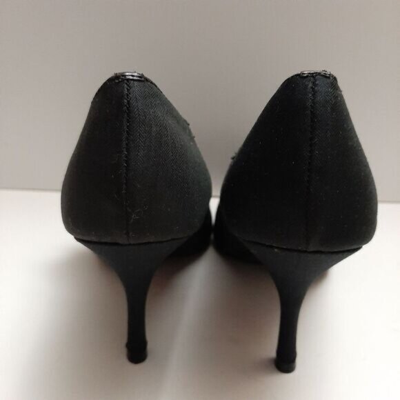 ANN MARINO Ruffle Detail Peep-Toe Slip-On High Heel Shoes Black Fabric Sz 9 M - Picture 11 of 16
